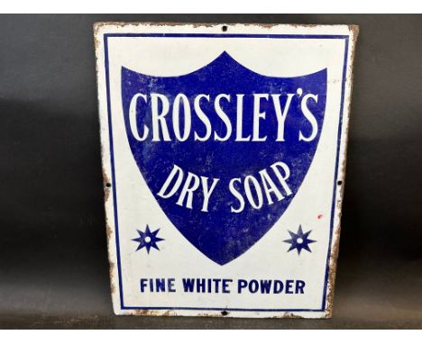 A Crossley's Dry Soap 'fine white powder'  double sided enamel chair back, the reverse painted black, with small repairs to l