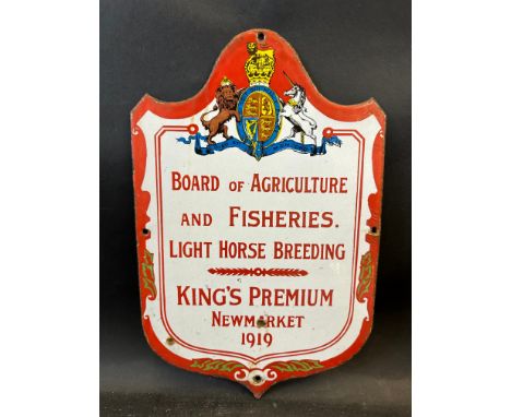 A Board of Agriculture and Fisheries Light Horse Breeding 'King's Premium Newmarket 1919' enamel sign, 10 x 15 1/2".