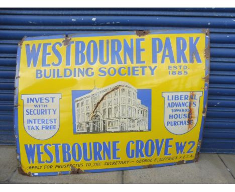 A pictorial rectangular enamel sign advertising Westbourne Park Building Society, 40 x 30".