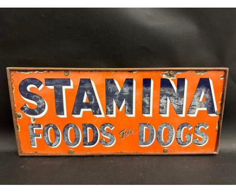 A 'Stamina Foods for Dogs' rectangular enamel sign, mounted for display, 25 x 10 1/2".