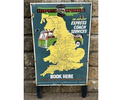 An Associated Motorways 'Express Coach Services' pictorial enamel sign showing a map of their routes and a bus to the centre,