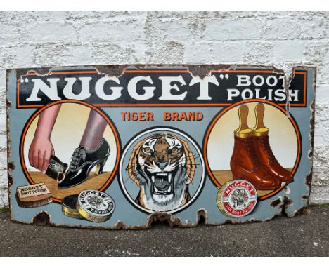 A rare Nugget Tiger Brand Boot Polish pictorial enamel sign with good gloss, 48 x 24".