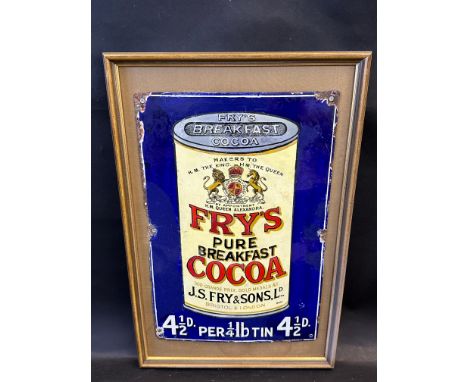 A Fry's Pure Breakfast Cocoa pictorial 'can' enamel sign, the rare small size, with some restoration, mounted for display, 12