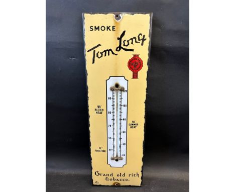 A Tom Long Tobacco enamel thermometer (lacking tube), 7 1/2 x 22 1/2".