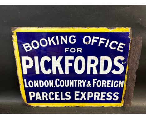 A double sided enamel sign with hanging flange advertising Booking Office for Pickfords, made by Hancock &amp; Corfield Ltd. 