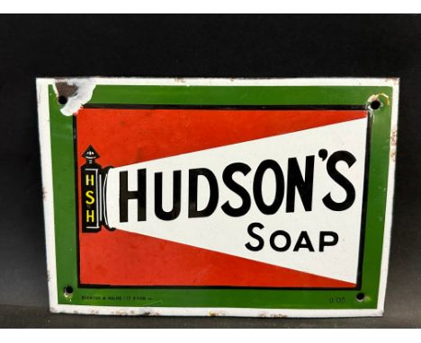 A small Hudson's Soap 'searchlight' enamel sign by Stainton &amp; Hulme Ltd, in excellent condition, 10 x 7".