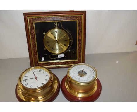 Modern ship's brass cased clock and barometer and a further quartz wall clock (3)