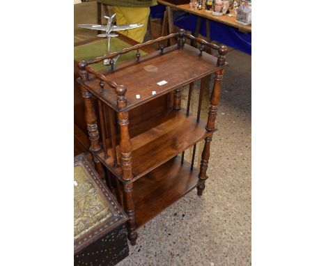 Late Victorian stained beech three tier shelf with spindle supports
