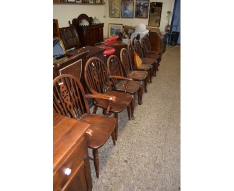 Set of six 20th century stick and wheel back dining or kitchen chairs, with cabriole legs, together with two non-matching car