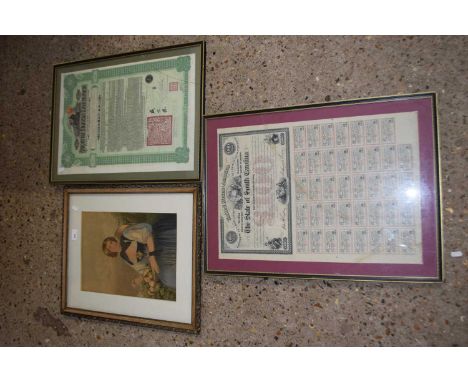 Framed share certificates, The United States of America, the State of South Carolina, and Imperial Chinese Government