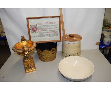 Resin model of a urn, together with a bread bin, bowls, jardiniere and a framed essay on the surname Rhodes