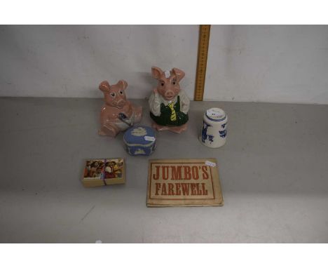 Mixed Lot: Wade NatWest piggy banks, a jasperware trinket box, C W S tea cards etc