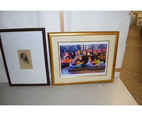 Small portrait etching, initialled FR, together with a further photographic print of bumper cars