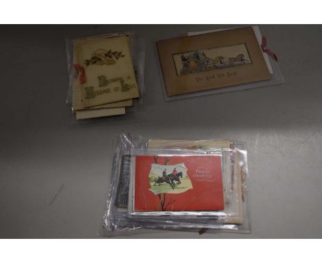 Box of various vintage greetings cards, some with fox hunting scenes