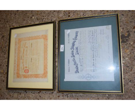 Framed share certificates, Dundee Perth and London Shipping Company Ltd and British Motorcab Company Ltd, f/g