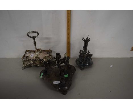 Mixed Lot: An antique Walker &amp; Hall silver plated epergne base, trefoil shaped having three winged dragons with paws rest