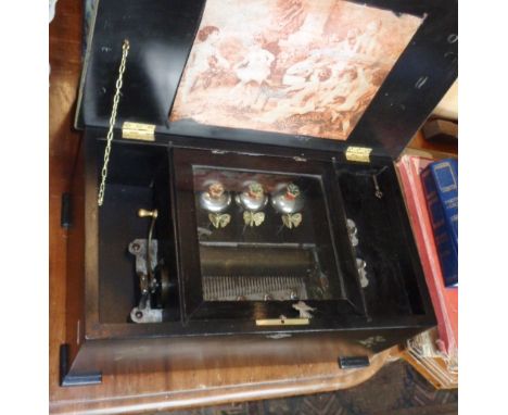 Late Victorian cylinder musical box playing 10 airs and having 3 bells, repainted case 19" wide, cylinder 6.25", in working o