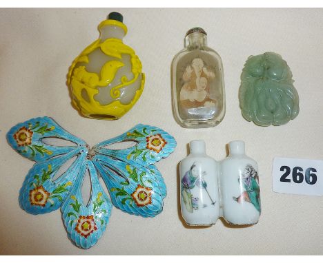 Peking glass and other Chinese snuff bottles, Cloisonne enamel petals, etc.