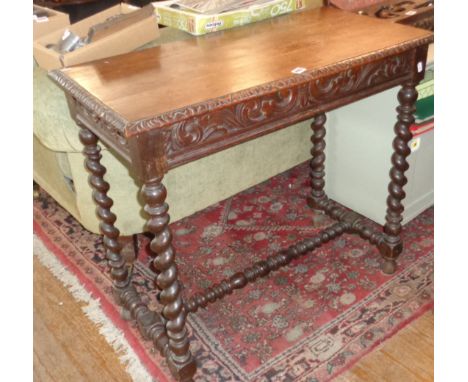 Victorian oak side table with drawer above barley twist legs &amp; stretchers