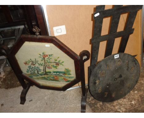 Arts &amp; Crafts oak wall clock (A/F), and a tapestry firescreen