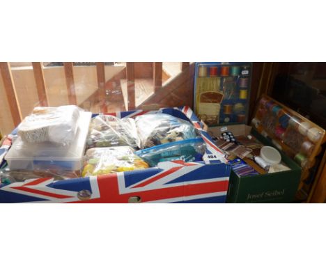 Tapestry and embroidery yarns, vintage cotton reels of thread, and other sewing bits