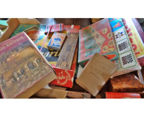 Collection of board games and playing cards, inc. Cunard White Star cards, an LNER Hotels cigar case and a pantograph
