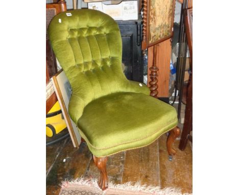 Victorian upholstered button-back nursing chair with carved cabriole legs