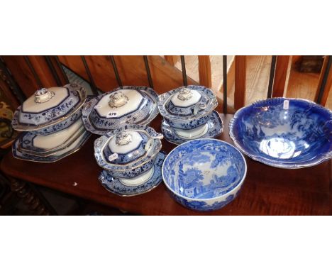 Victorian flo-blue dinnerware inc. four tureens and three meat plates, a Spode bowl etc.