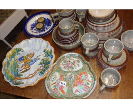 Chinese Canton dish (A/F), Spanish tin-glazed charger with hand-painted Don Quixote &amp; Sancho Panza, and other pottery ite