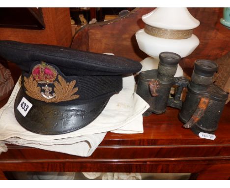 Vintage WW2 Royal Navy cap and badge, sailor's canvas bags, and pair of Kershaw binoculars