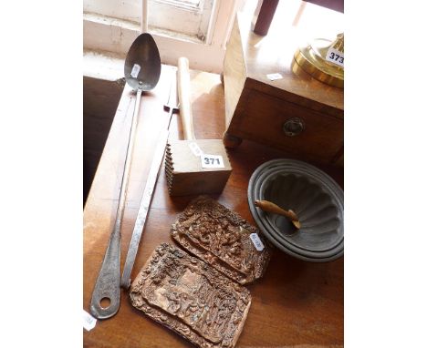 Kitchenalia - 19th c. hand forged steel toasting fork, similar ladle, three metal jelly moulds, two copper relief plaques, wo
