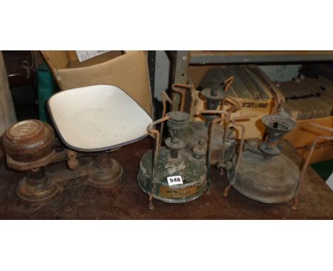 Three Primus stoves, and iron &amp; enamel kitchen scales