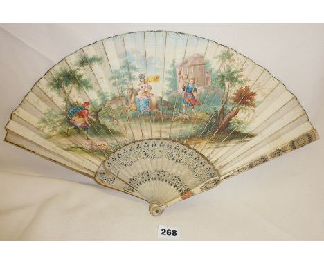 Late 18th c. ivory and silk fan handpainted and carved with hunting scenes