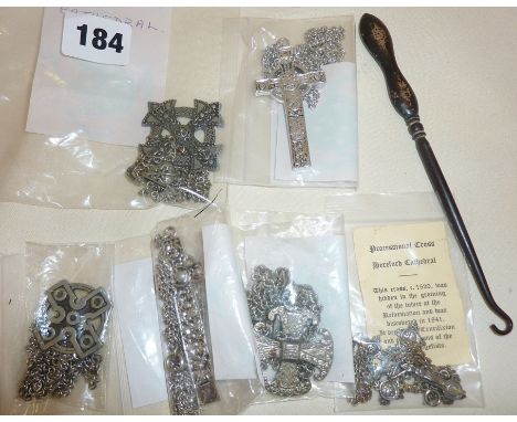Various vintage Cathedral cross pendants and a silver handled button hook