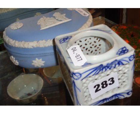 Japanese blue and white pierced porcelain box, a Wedgwood jasperware lidded trinket box and another