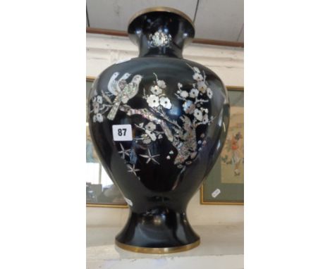 Large Oriental black lacquered metal vase with mother-of-pearl inlay decoration