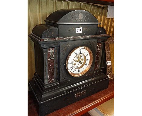 Large Victorian slate mantle clock having marble insets and enamel dial with visible escapement