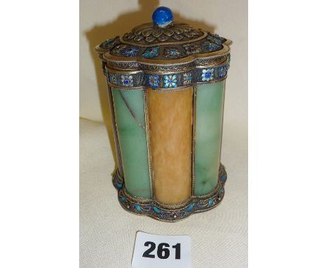 Chinese hardstone silver filigree and enamel box and cover
