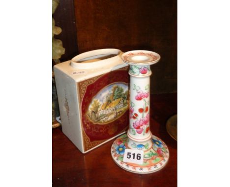 Chinoiserie hard-paste porcelain candlestick, together with a Royal Cauldon tea caddy
