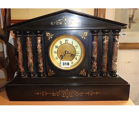 Victorian slate mantle clock with brass dial and enamel chapter ring flanked by 6 marble doric columns