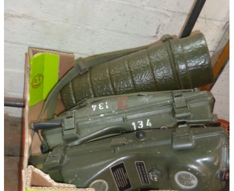 Pair of German made military walkie-talkies and an army tin cased gas mask