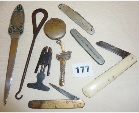 Advertising pocket knives etc, Purple Clematis footwear button hook, J.G. Graves Express Pocket Watches knife, The United Tob