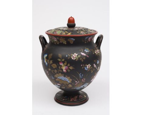 A Wedgwood enamelled black basalt two-handled pot pourri vase, cover and inner cover: with acorn finial, decorated in the fam