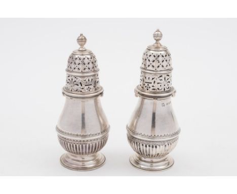 A George V silver sugar caster, maker S.W.Smith and Co, London, 1929: of baluster form with acorn finial on a pierced domed l