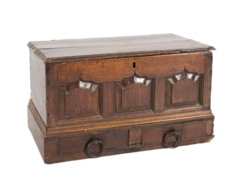 An 18th Century oak coffer bach:, with a rectangular hinged moulded top, having triple ogee pointed arch fielded panels to th
