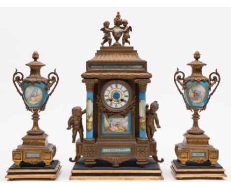 A.D. Mougin, Paris, a porcelain panelled clock garniture: the eight-day duration movement striking the hours and half-hours o