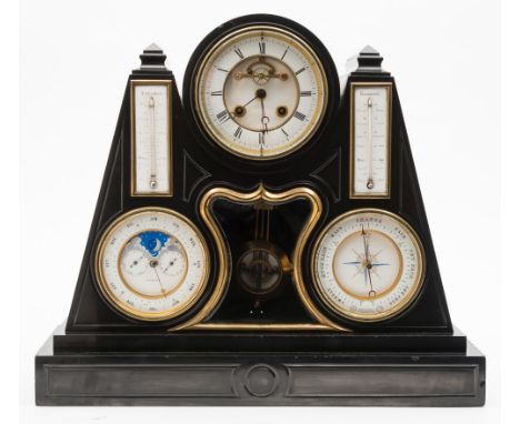 A Victorian black marble perpetual calendar mantel clock: the eight-day duration movement striking the hours on a bell with t