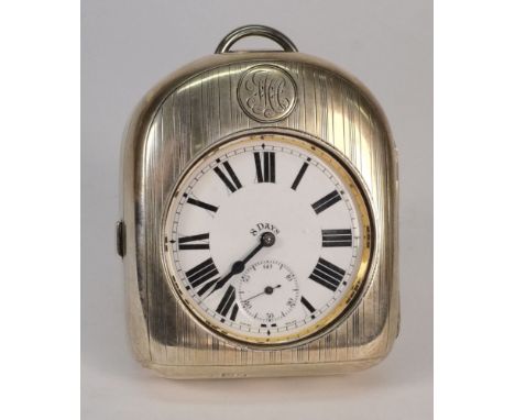 A plated Goliath-style pocketwatch: with eight day movement contained in a silver easel travelling frame of arched outline, i