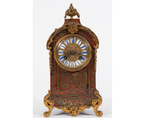 A 19th century French boulle mantel clock: the eight-day duration movement striking the hours and half-hours on a gong, the g