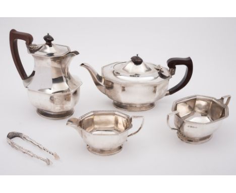 A George V silver four-piece tea service, maker Adie Bros, Birmingham, 1932: of rectangular outline with canted corners, gadr